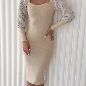 Kadın Kare Yaka Kolları Manşet Ve Tül Detay Fırsat ürün Midi Boy Elbise