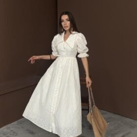 Bej Bebe Yaka Balon Kollu Brode Elbise