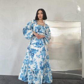 Mavi Arkası Gipeli Uzun Elbise