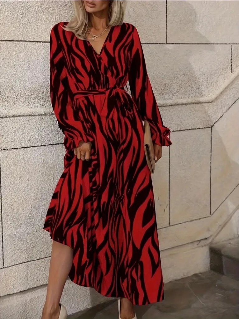 Kadın Uzun Kollu Kruvaze Yakalı Kuşaklı Zebra Desenli Süprem Maxi Elbise - Görsel 2
