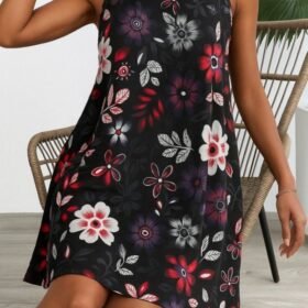 Kadın Askılı Yuvarlak Yaka Desenli A Kesim Süprem Elbise