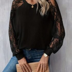 Kadın Uzun Dantel Kollu Bisiklet Yaka Viskon Bluz