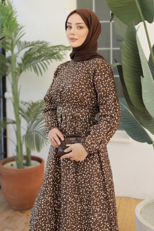 Kadın Papatya Desen Bisiklet Yaka Belden Bağlamalı Elbise - Görsel 4