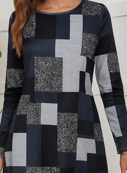 Kadın Uzun Kollu Yuvarlak Yaka Geometrik Süprem Elbise - Görsel 2