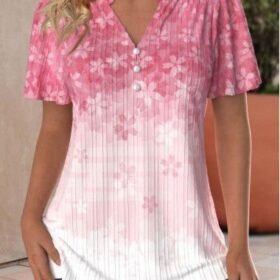 Kadın Kısa Kollu V Yakalı Düğmeli çiçek Baskılı Pamuk Bluz