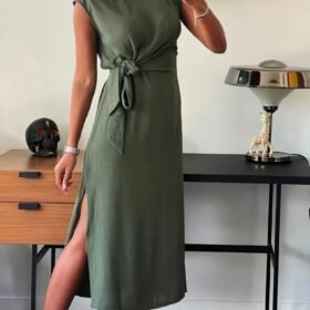 Kadın Kısa Kollu Yuvarlak Yaka Belden Bağcıklı önden Yırtmaçlı Aerobin Elbise