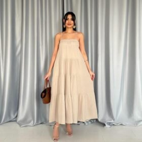 Taş Askılı Parçalı Müslin Elbise