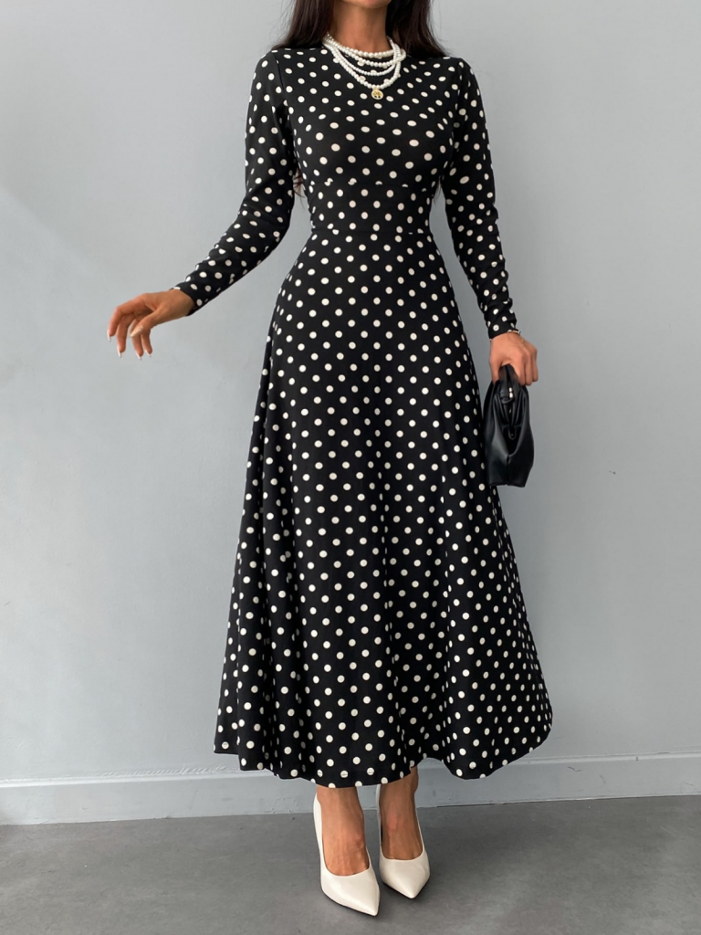 Kadın Siyah Tam Boy Beyaz Puantiyeli Elbise - Görsel 3