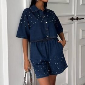 Taş Detaylı Gömlek Şort Denim Takım 10175