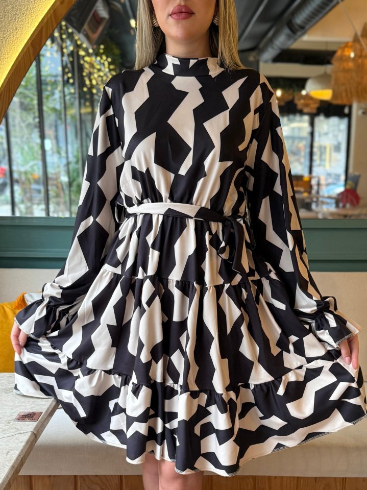 Kadın Uzun Kollu Yarı Balıkçı Yaka Geometrik Desen Kısa şardonlu Dalgıç Elbise - Görsel 2