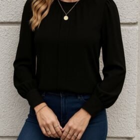 Kadın Uzun Kollu Bisiklet Yaka Pileli Ithal Krep Bluz