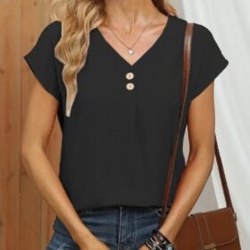 Kadın Kısa Kollu önü Düğmeli V Yaka Aerobin Bluz