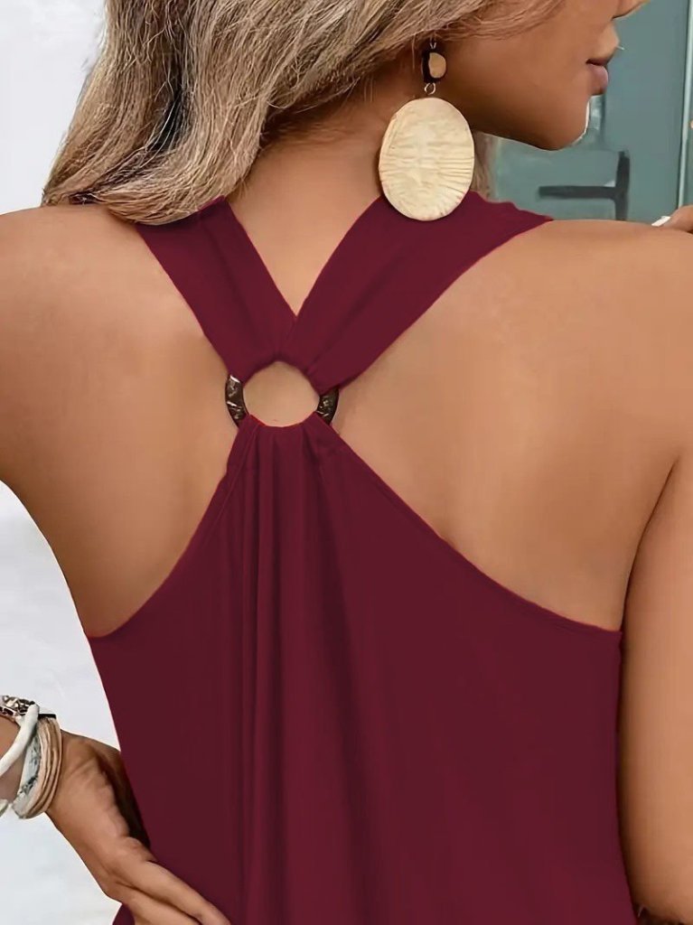 Kadın Askılı V Yakalı Halka Detaylı Maksi Boy Viskon Elbise - Görsel 3