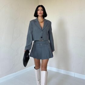 Gri Bomber Ceket Ve Pileli Etek Takım