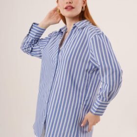 Çift Çizgi Geçişli Düğmeli Mavi Gömlek