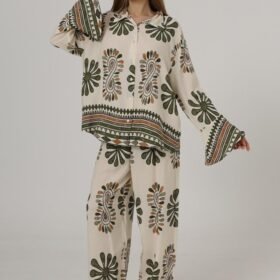 Desenli Kolları Volanlı Pantolon Takım - Haki