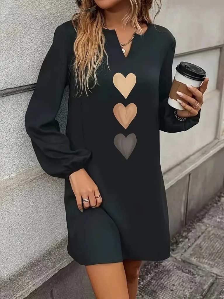 Kadın Uzun Kollu V Yakalı Kalp Desenli Mini Ithal Krep Elbise - Görsel 4