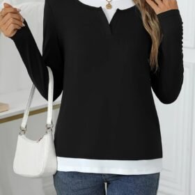 Kadın Uzun Kollu V Yakalı çift Renkli Viskon Iki Iplik Bluz