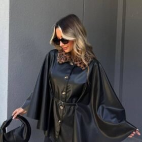 Kadın Uzun Kollu Leopar Yaka Detay Kuşak Dahil Deri Panço