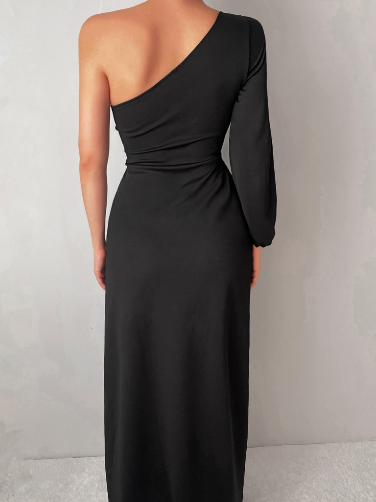 Tek Omuz Açık Derin Yırtmaçlı Krep Tam Boy Elbise - Görsel 3