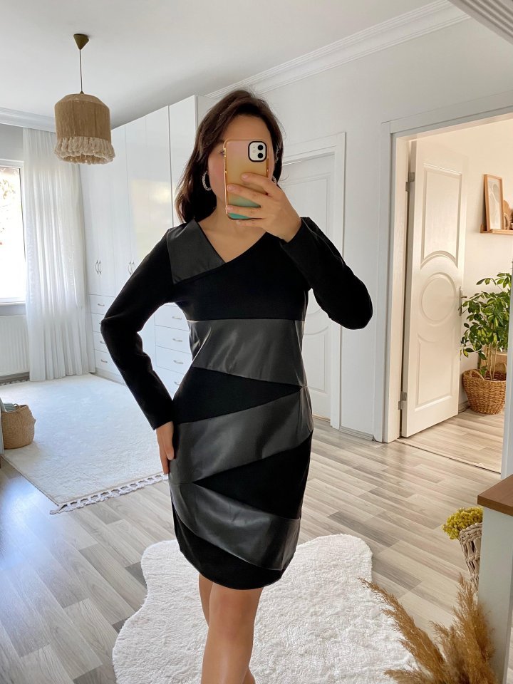 Kadın Uzun Kollu Asimetrik Yaka Süet Ve Deri Mini Boy Elbise - Görsel 3