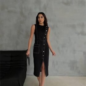 GABARDİN KALEM ELBİSE DÜĞME VE YIRTMAÇ DETAYLI - Bej