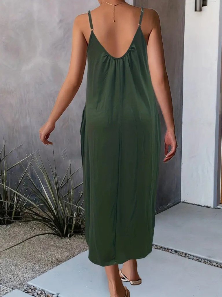 Kadın Ip Askılı Geniş V Yakalı Viskon Elbise - Görsel 2