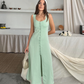 KETEN KOLSUZ KARE YAKA DÜĞME DETAYLI ELBİSE - Mint
