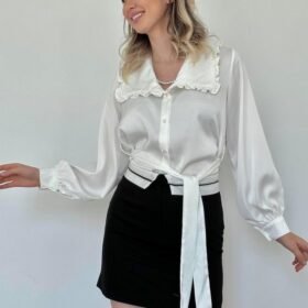 Beyaz Yakası Fırfırlı Kuşaklı Saten Gömlek