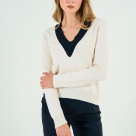 V Yaka Triko Kazak - Krem-Siyah