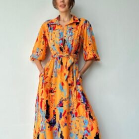 Oranj Çiçek Desenli Kemerli Elbise