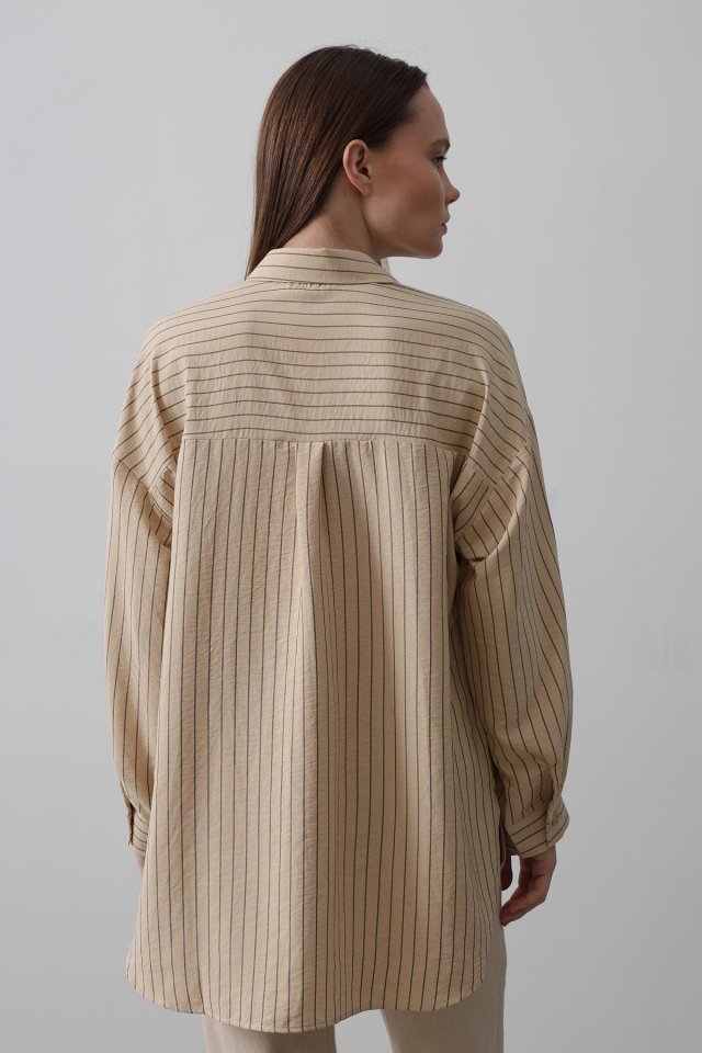 Çizgili Tek Cep Gömlek - Taş - Görsel 3