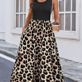 Kadın Askılı Yuvarlak Yaka üst Viskon Alt Leopar Desenli Süprem Uzun Elbise