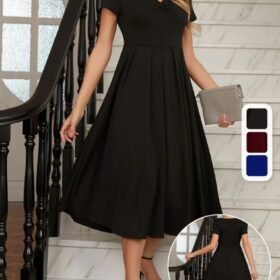 Kadın Kısa Kollu V Yakalı önden Pileli Midi Janjan Krep Elbise