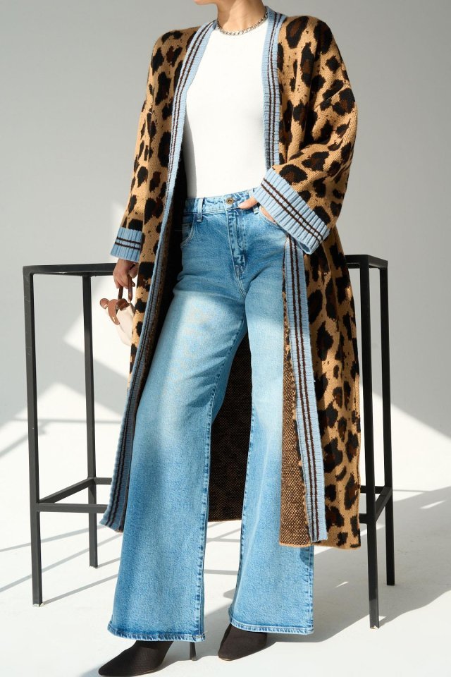 Uzun Leopar Hırka - Camel-Mavi - Görsel 4