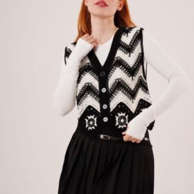Zikzak Geçişli Triko Örme Siyah Yelek