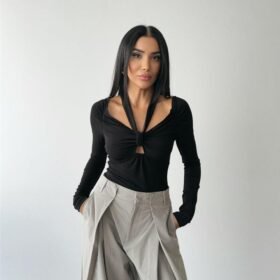 SANDY BODYSUİT ÖNDEN BAĞLAMA DETAYLI - Siyah