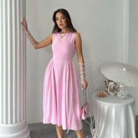 Pembe Yanları Büzgülü Midi Boy Keten Elbise