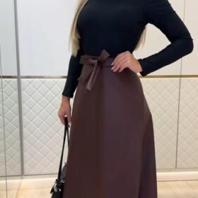 Kadın Belden Kuşaklı Uzun Deri Etek