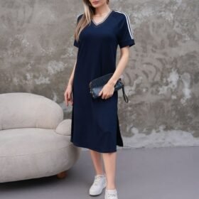 Kadın Kristal Kumaş şerit Ve Yırtmaç Detaylı V Yaka Midi Boy Elbise