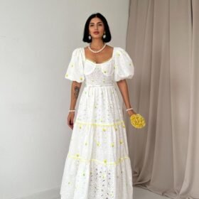 Sarı Dantel Detaylı Brode Elbise