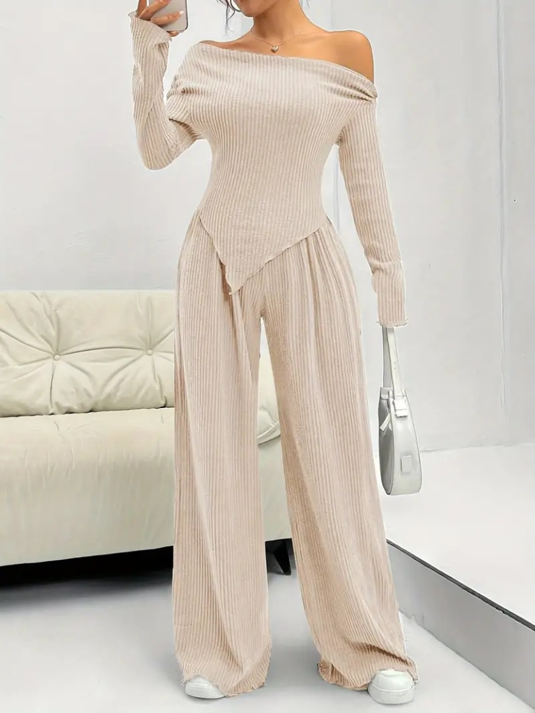 Kadın Uzun Kollu Omuzlardan Açık Asimetrik Kesim Kaşkorse Bluz Ve Pantolon Ikili Pantolon - Görsel 2