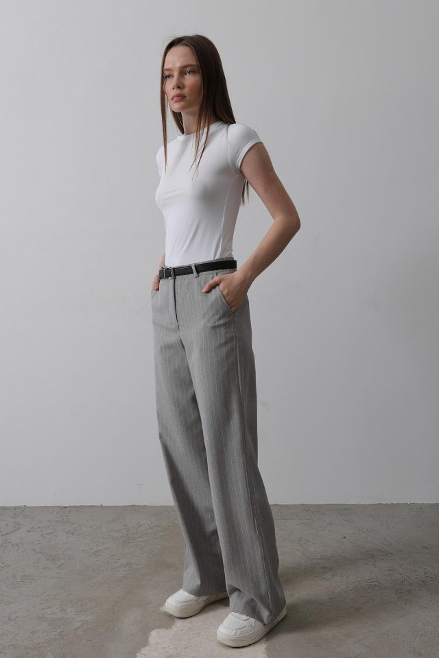 Kemerli Palazzo Pantolon - Gri-Beyaz - Görsel 4