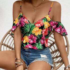 Kadın Askılı Omuzlardan Açık çiçek Baskılı Bluz