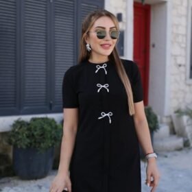 Kadın Kısa Kollu Bisiklet Yaka önden Fiyonk Detaylı Ithal Krep Elbise