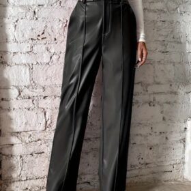 Kadın önden Fermuarlı Cepli Geniş Kesim Lame Deri Pantolon