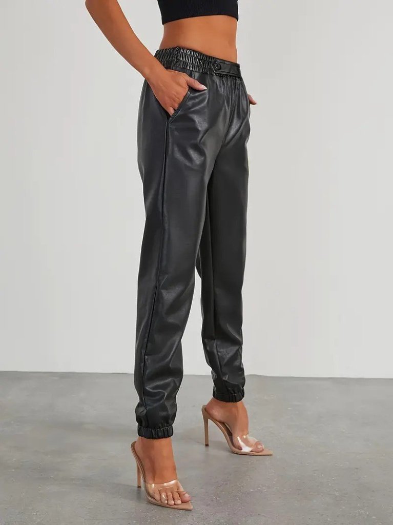 Kadın Yüksek Bel Lastikli önü Düğmeli Deri Pantolon - Görsel 2