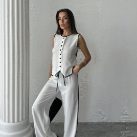 KETEN KENARLARI BİYELİ YELEK - PANTOLON TAKIM - Beyaz