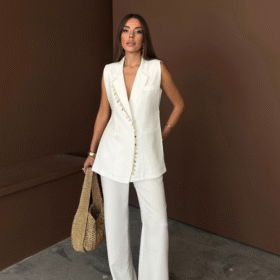 YAKA MİDYE KABUĞU SIRALI YELEK - PANTOLONTAKIM KETEN KUMAŞ - Beyaz