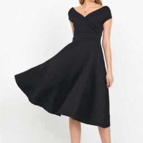 Düşük Omuz Eteği Pileli Krep Kumaş Midi Boy Elbise